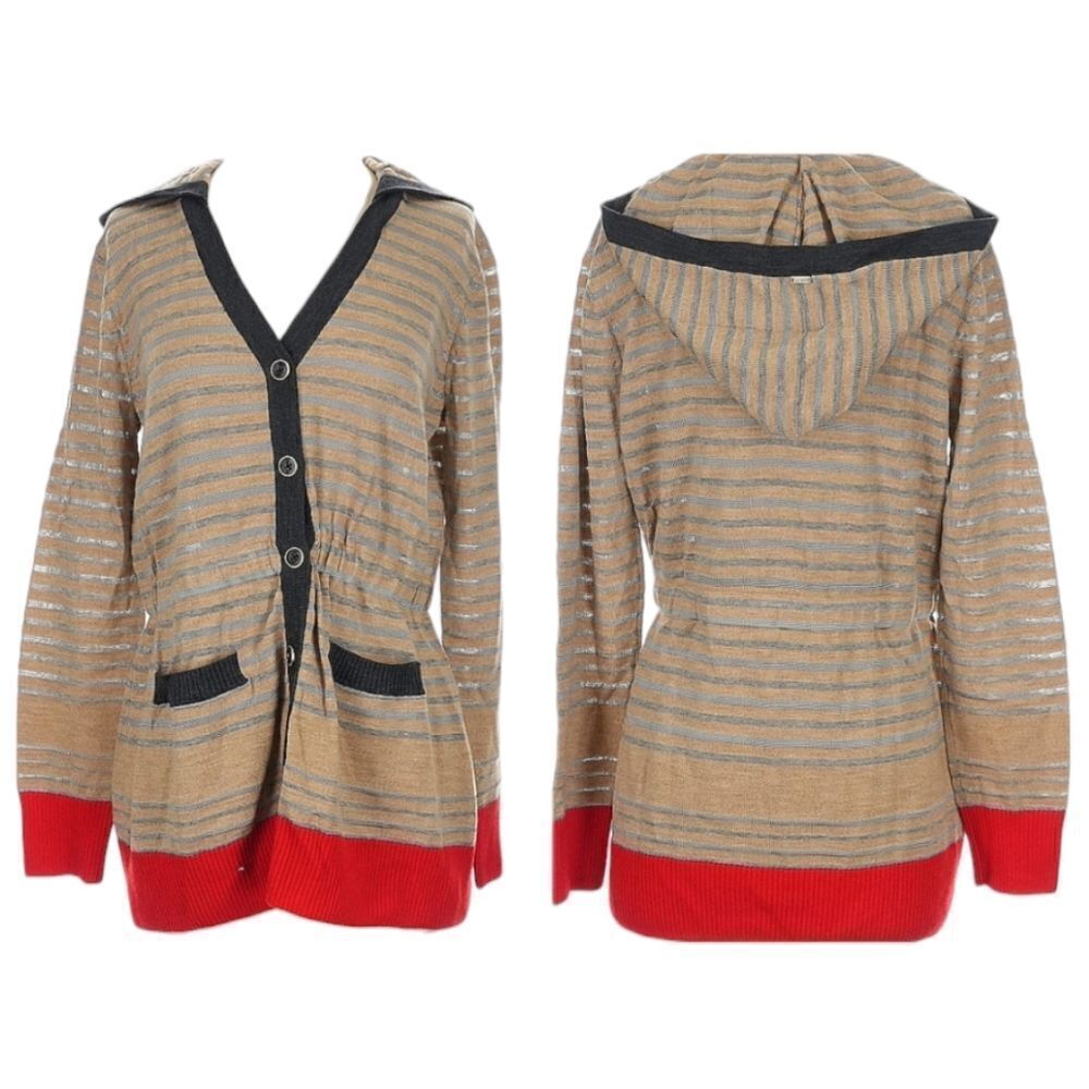 St. John hooded knit sweater cream striped cardigan buttondown size S